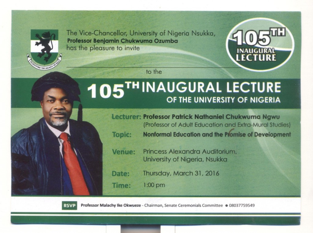 Invitation to the UNN 105th Inaugural Lecture