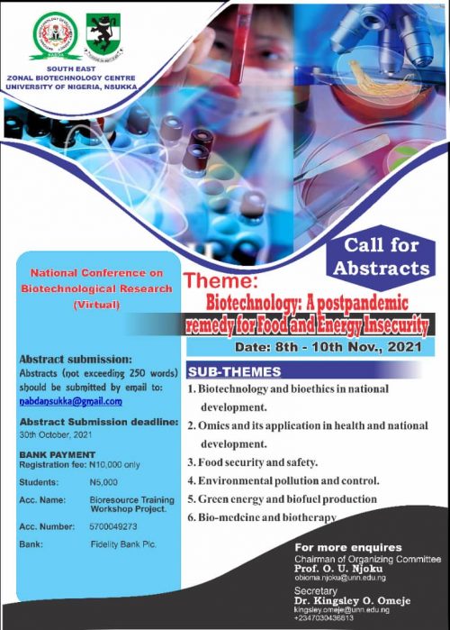 Read more about the article CALL FOR ABSTRACT: SOUTH EAST ZONAL BIOTECHNOLOGY CENTER, UNIVERSITY OF NIGERIA, NSUKKA