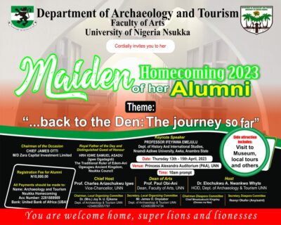 Read more about the article 2023 MAIDEN ALUMNI HOMECOMING OF THE DEPARTMENT OF ARCHAEOLOGY AND TOURISM UNIVERSITY OF NIGERIA, NSUKKA.