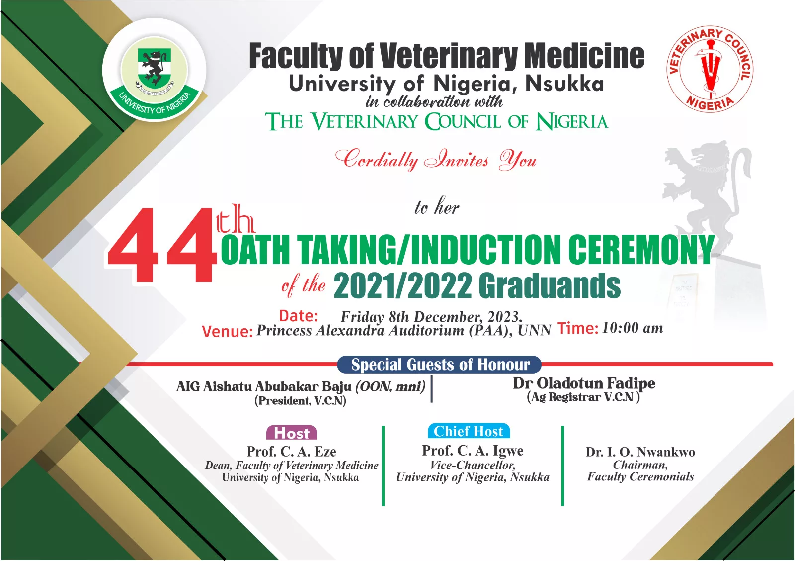 Invitation to the 44th Oath-taking ceremony of the Faculty of Veterinary Medicine, UNN